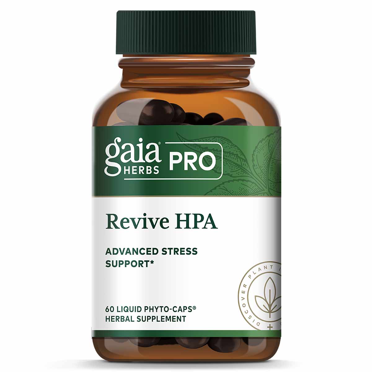 Gaia Herbs Pro Revive HPA bottle containing 60 dark liquid phyto-caps with green cap and white label.