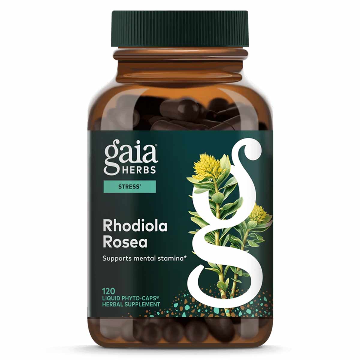 Gaia Herbs Rhodiola Rosea bottle with green cap containing 120 dark liquid phyto-caps herbal supplement.