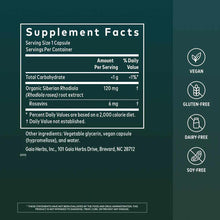 Supplement Facts label for Rhodiola Rosea by Gaia Herbs showing 120 mg organic Siberian Rhodiola per vegan capsule with certi