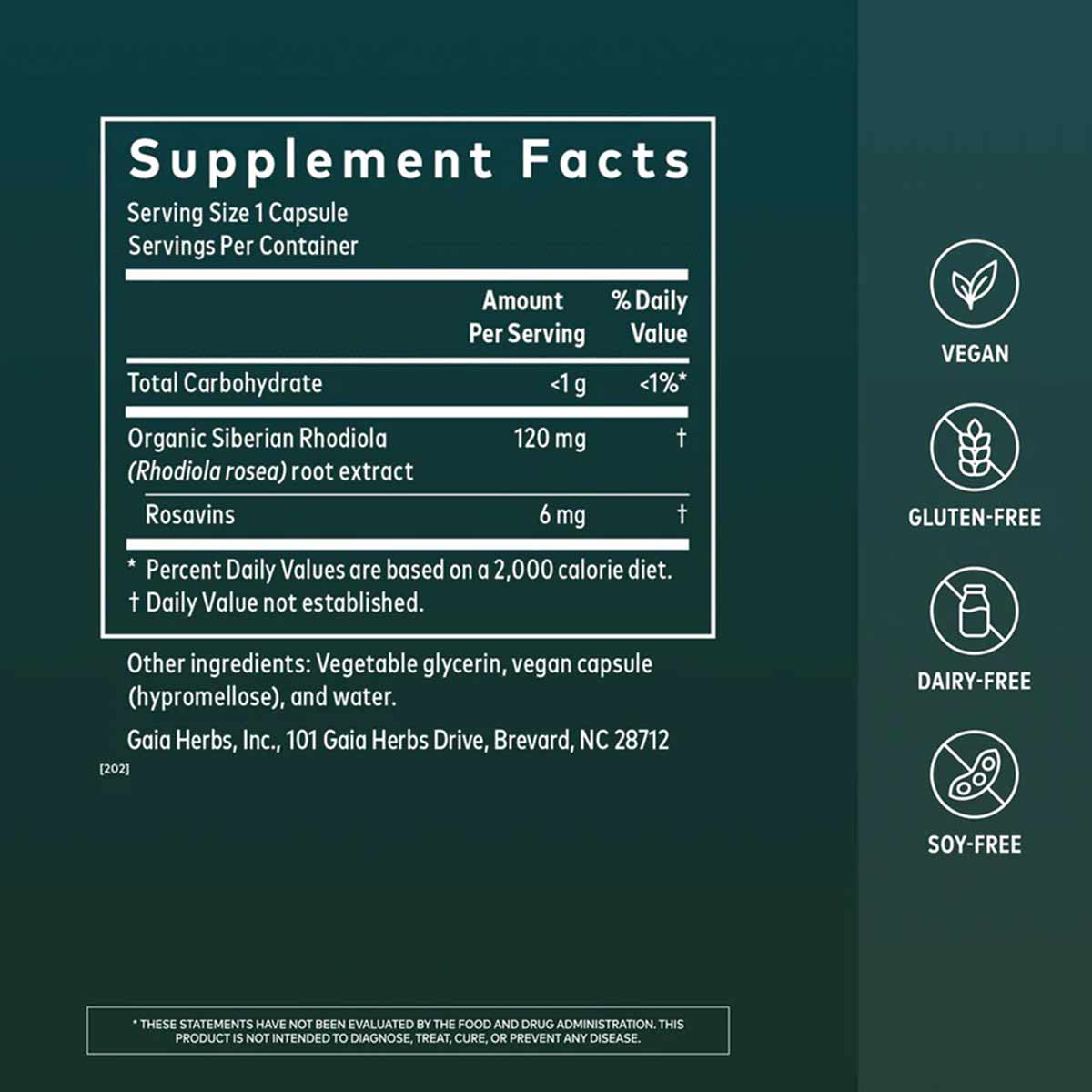 Supplement Facts label for Rhodiola Rosea by Gaia Herbs showing 120 mg organic Siberian Rhodiola per vegan capsule with certi