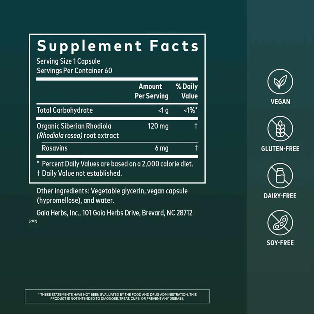 Supplement Facts label for Gaia Herbs Rhodiola Rosea capsules showing 120 mg organic Siberian rhodiola per serving with vegan