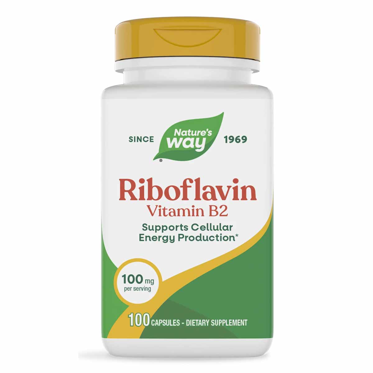White bottle with gold cap containing 100 capsules of Nature's Way Riboflavin Vitamin B2 100 mg dietary supplement.