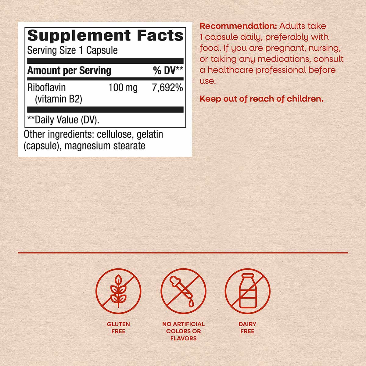 Supplement Facts label showing Riboflavin 100 mg per capsule with usage recommendations and gluten-free, no artificial colors