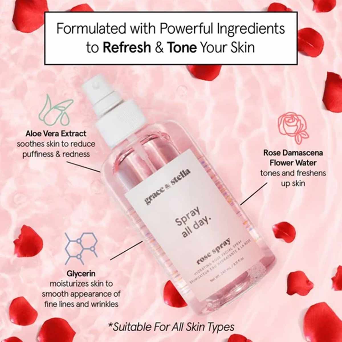 Rose Hydrating Facial Spray, 8.11 Oz, by Grace & Stella