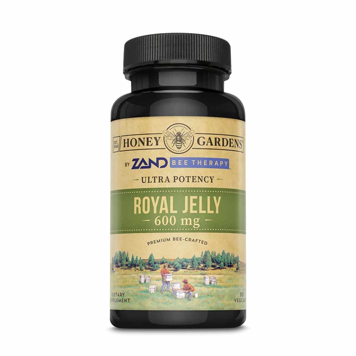 Black bottle with tan and green label for Honey Gardens Royal Jelly 600 mg supplement with black screw cap.