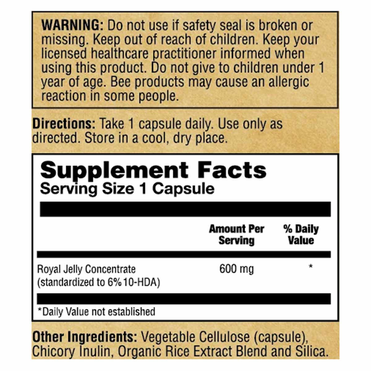 Supplement label showing warning, directions, and supplement facts for royal jelly capsules with 600mg per serving.