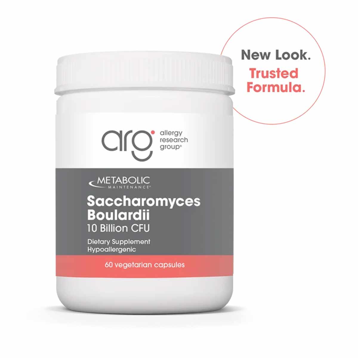 White supplement bottle with gray and coral label for Allergy Research Group Saccharomyces Boulardii 10 Billion CFU, 60 veget