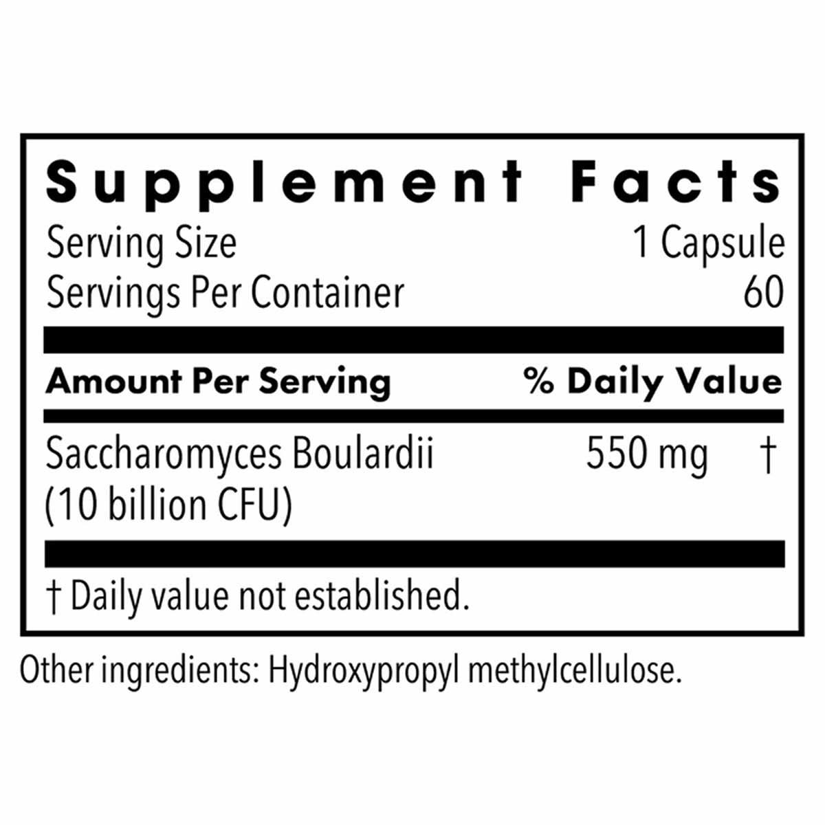Supplement Facts label showing Saccharomyces Boulardii 550 mg (10 billion CFU) per capsule, 60 servings per container.