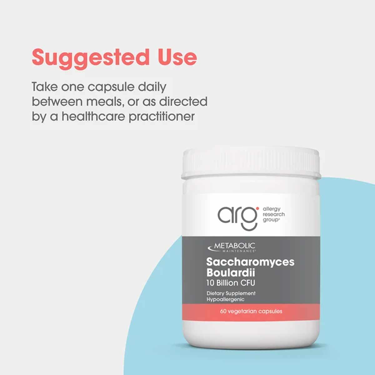 White supplement bottle with gray and coral label showing Saccharomyces Boulardii 10 Billion CFU by Allergy Research Group, 6