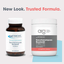 Two Saccharomyces Boulardii 10 Billion supplement bottles: amber glass container with white cap on left, white jar with Aller