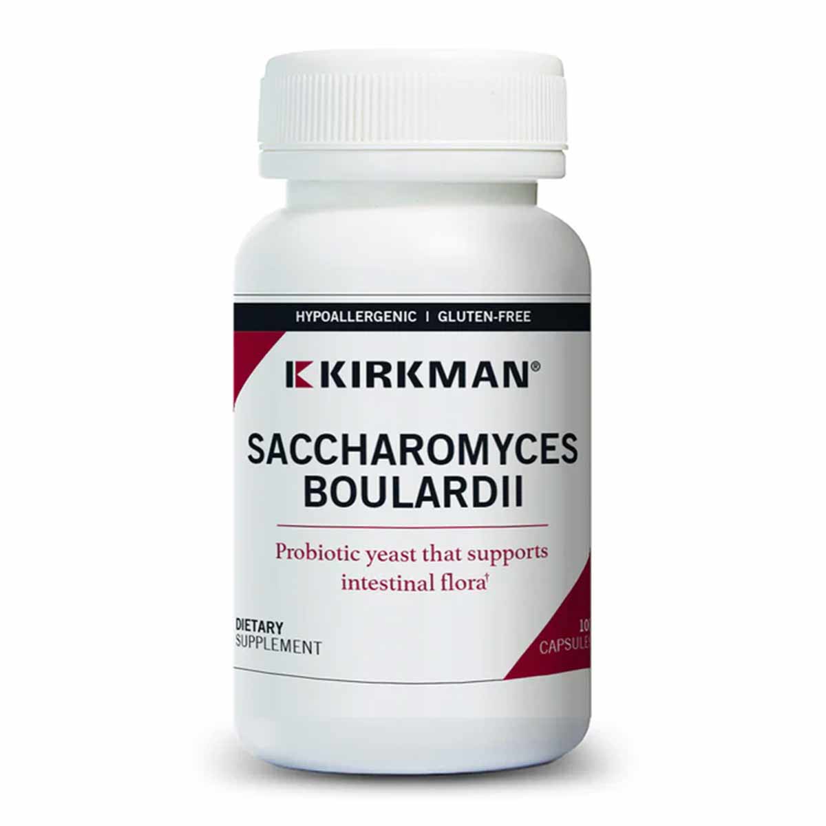 White bottle of Kirkman Saccharomyces Boulardii probiotic capsules with white screw cap and burgundy label.