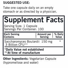 Supplement facts label showing Saccharomyces Boulardii 3 Billion CFU probiotic with suggested use and ingredient information.