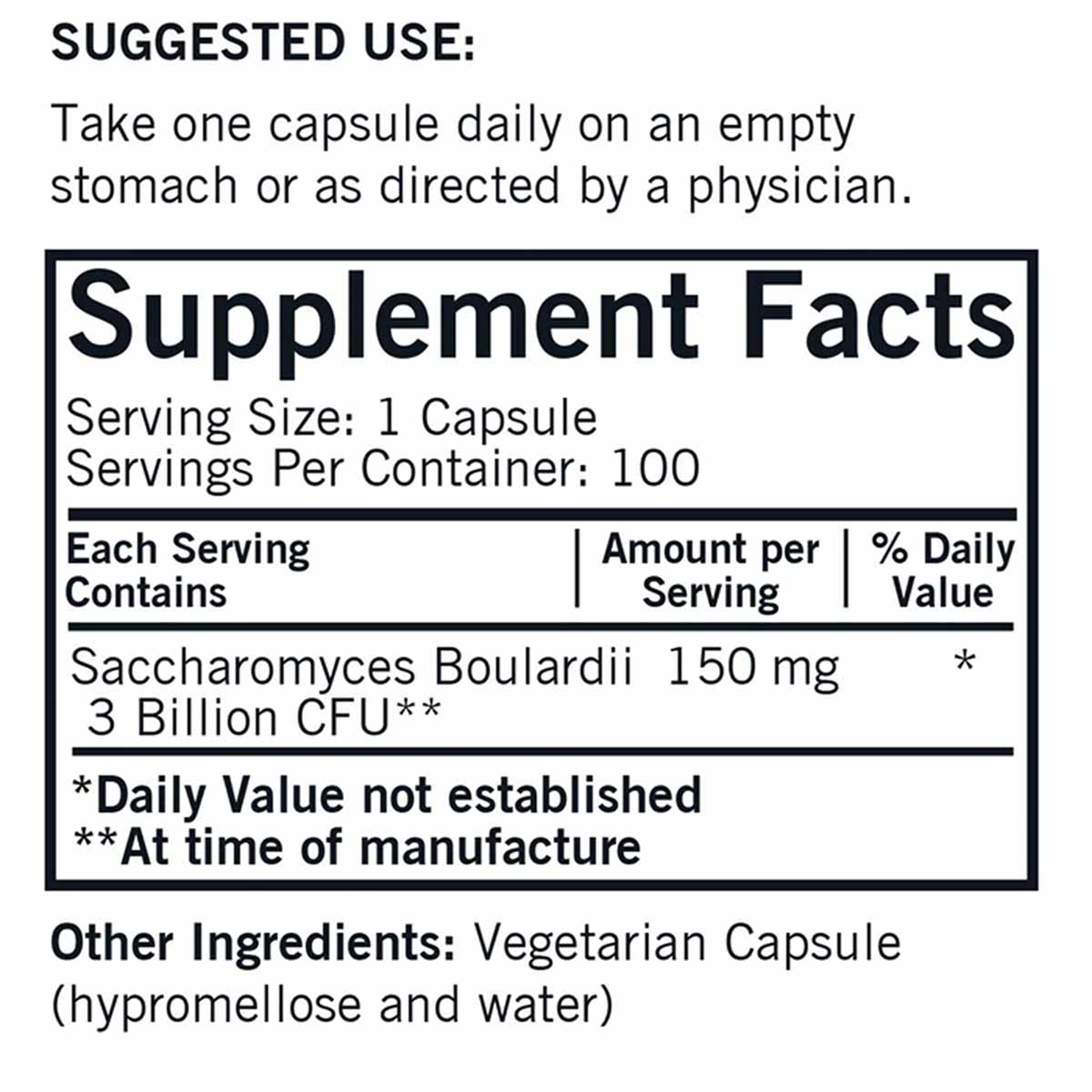 Supplement facts label showing Saccharomyces Boulardii 3 Billion CFU probiotic with suggested use and ingredient information.