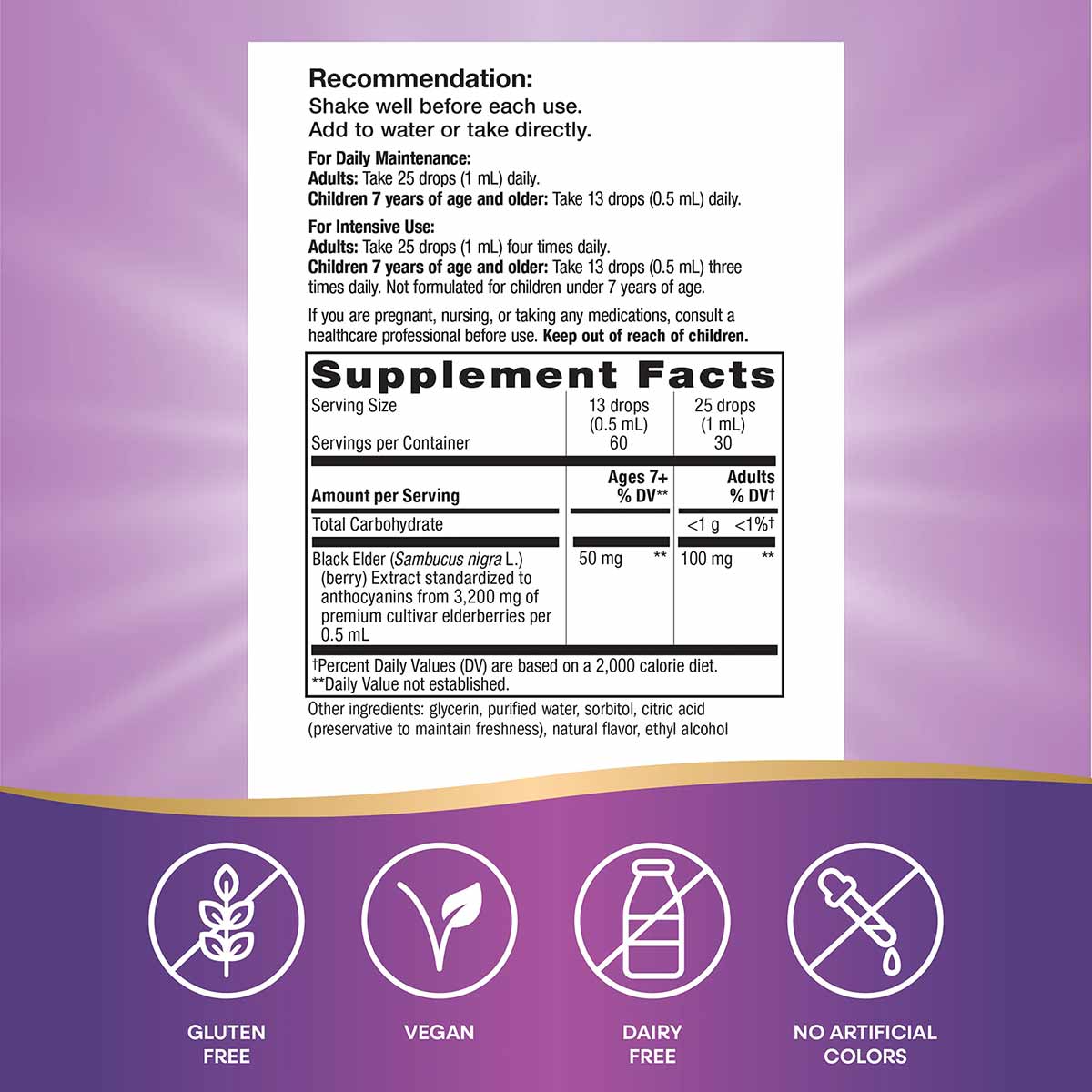 Sambucus Elderberry Drops supplement label showing recommendations, supplement facts with black elder berry extract dosage, a
