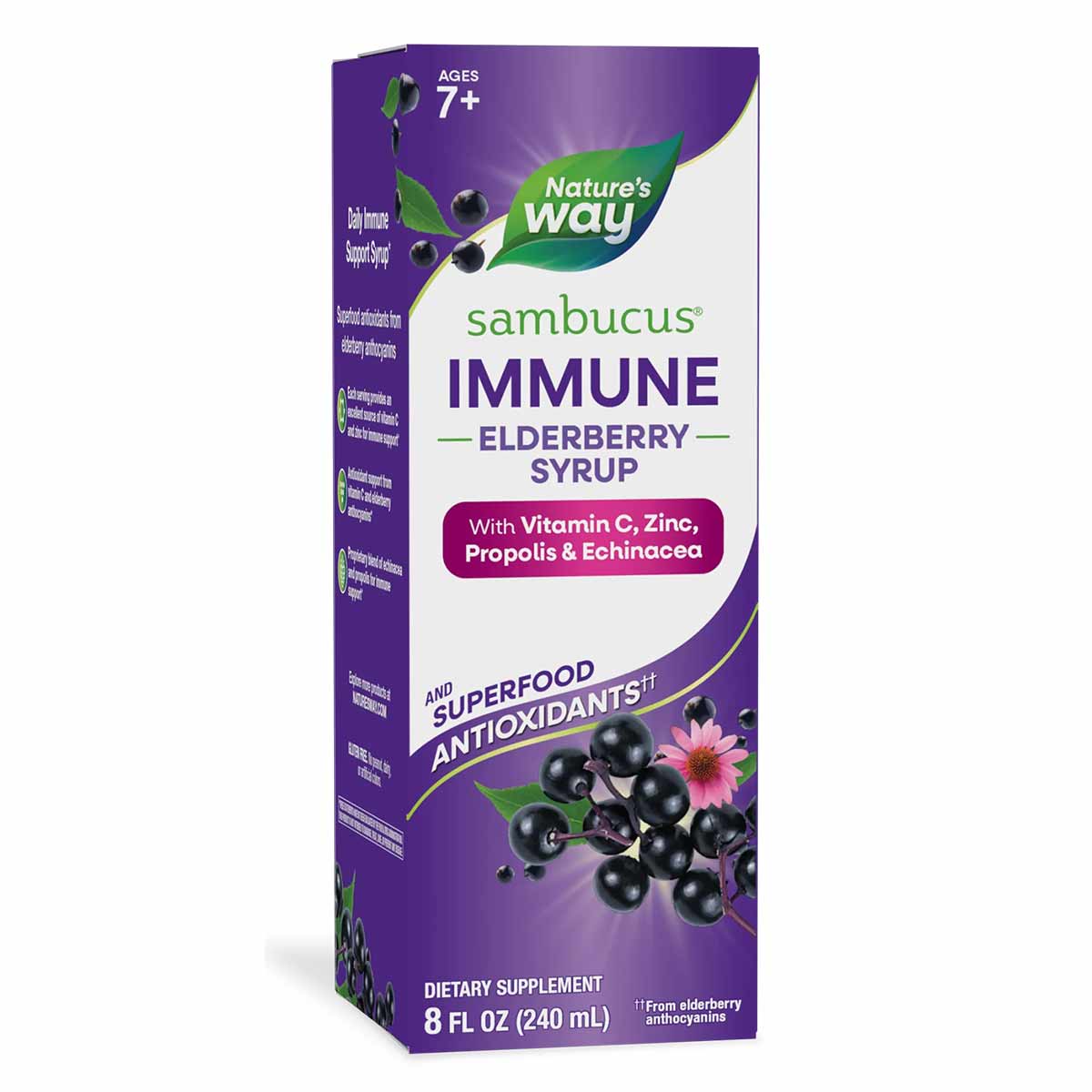 Purple bottle of Nature's Way Sambucus Immune Elderberry Syrup with elderberry and flower imagery, 8 fl oz.