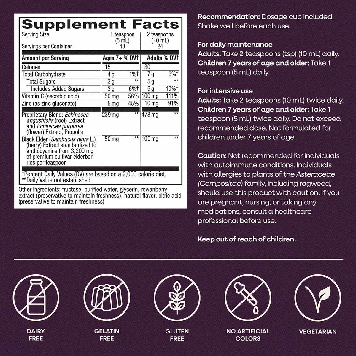Supplement facts label for elderberry immune syrup with dosage instructions, ingredient list, and icons indicating dairy-free