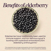 Dark elderberries arranged in a circular dish against a beige background with text about elderberry benefits.