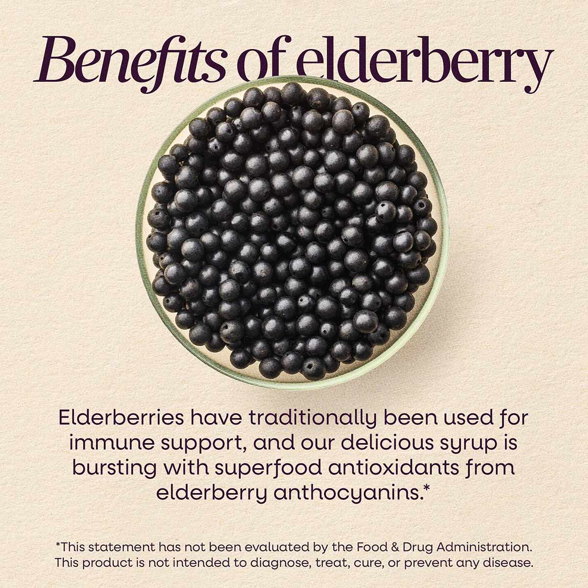 Dark elderberries arranged in a circular dish against a beige background with text about elderberry benefits.