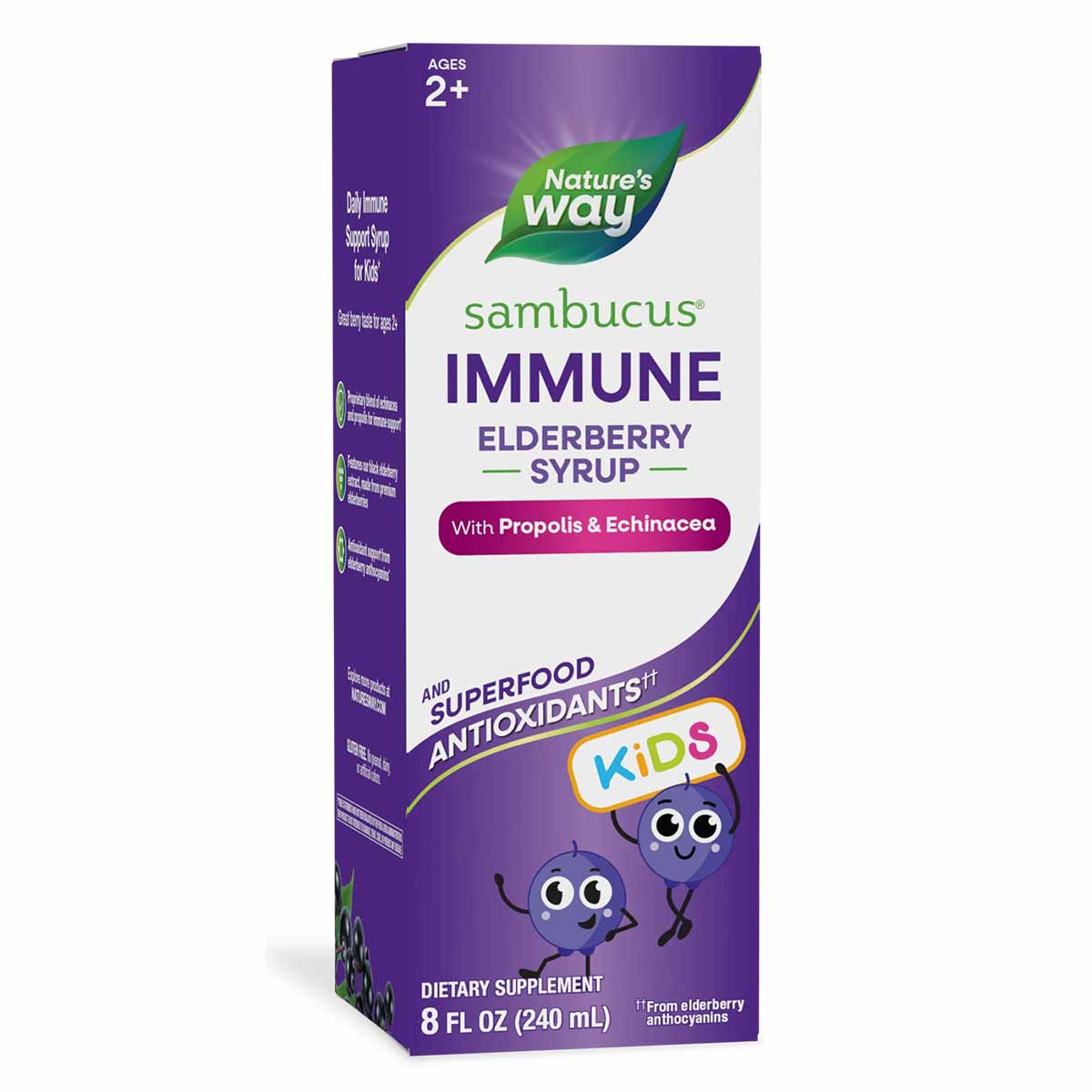 Purple box of Nature's Way Sambucus Immune Elderberry Syrup for kids ages 2+, 8 fl oz bottle.