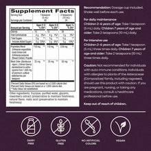 Supplement Facts label for elderberry syrup showing dosage information, ingredients, and icons indicating dairy-free, gluten-