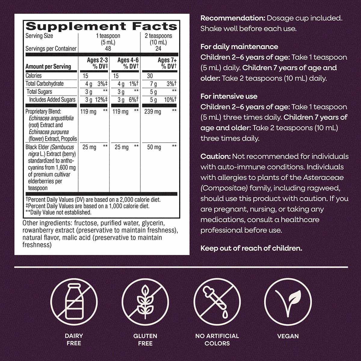 Supplement Facts label for elderberry syrup showing dosage information, ingredients, and icons indicating dairy-free, gluten-