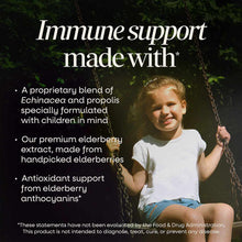 Young child on swing wearing white shirt and blue shorts with text overlay describing elderberry syrup product benefits.