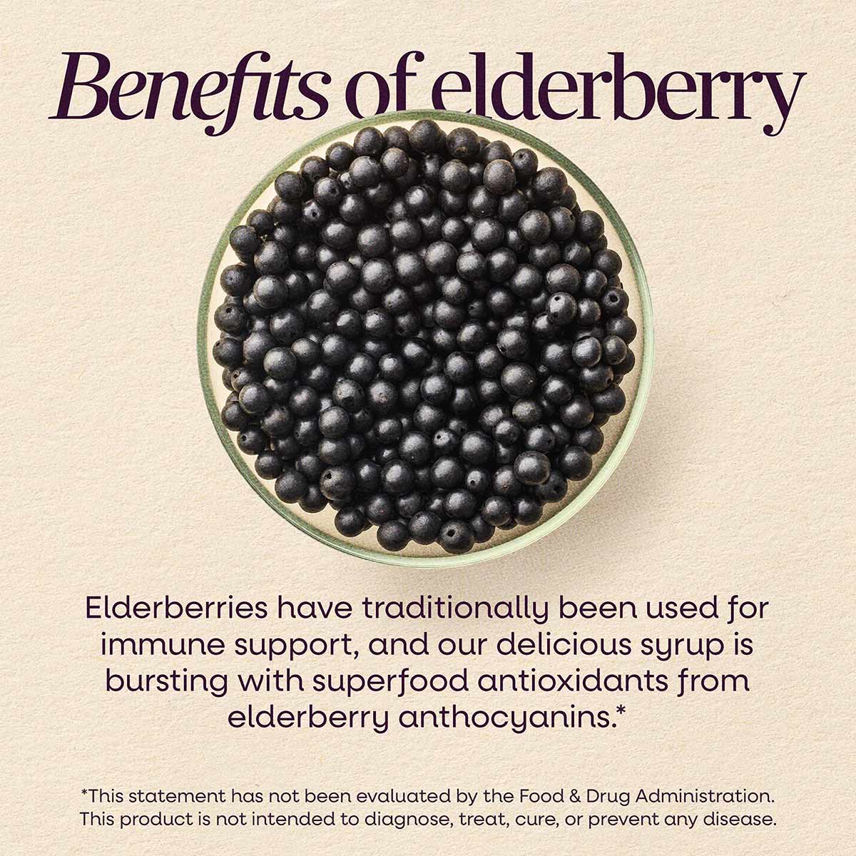 Bowl of dark purple elderberries with text about elderberry benefits and syrup ingredients on beige background.