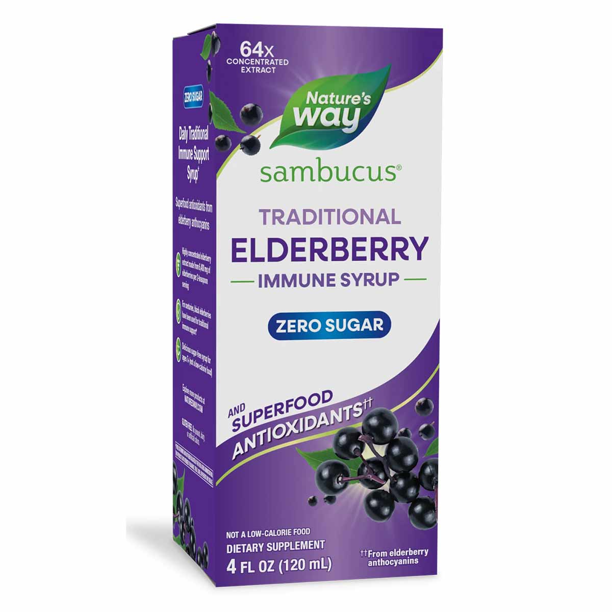Nature's Way Sambucus Traditional Elderberry Immune Syrup, zero sugar, 4 fl oz bottle with purple packaging and elderberry im