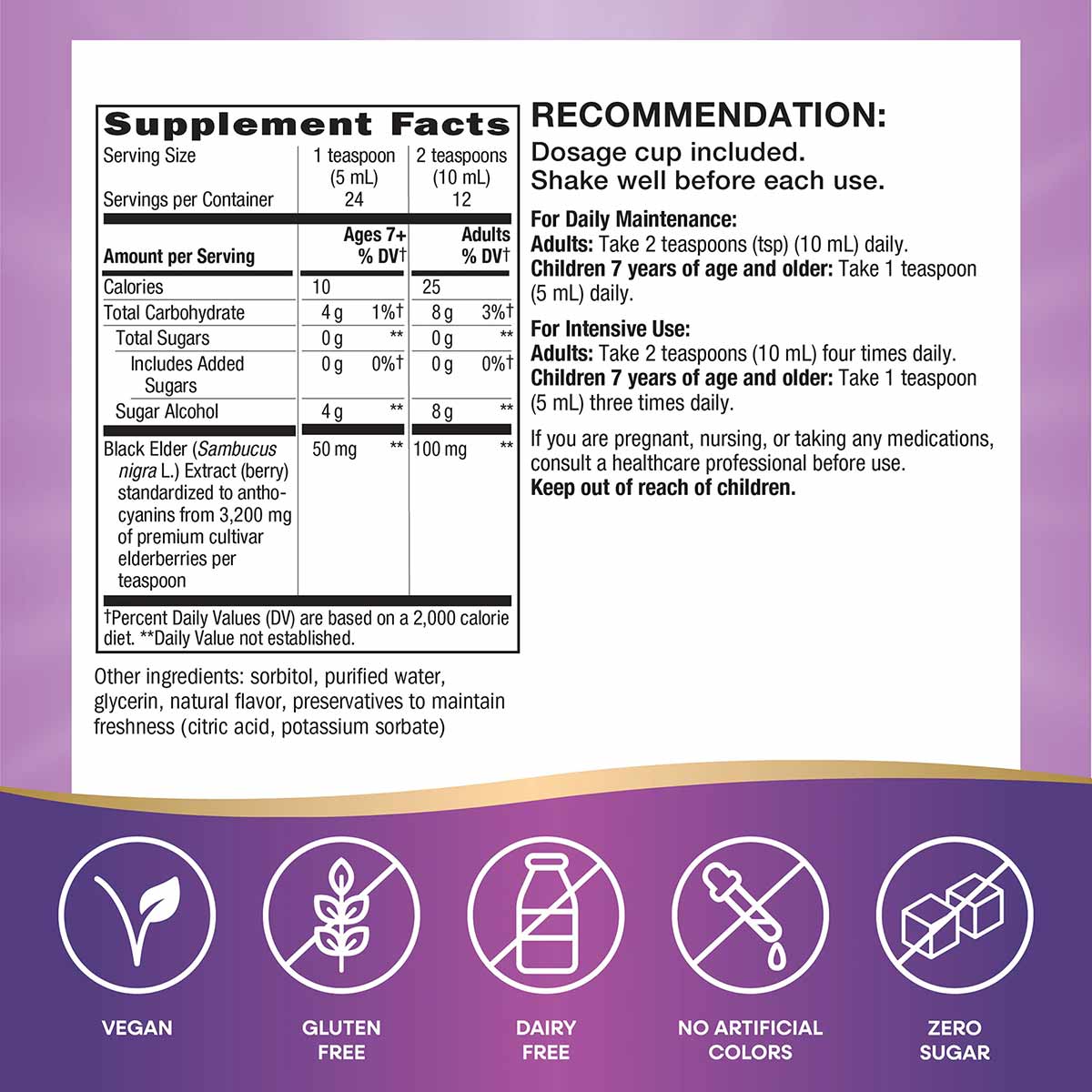 Sambucus Elderberry Sugar-Free Syrup bottle label showing supplement facts, dosage instructions, and ingredient information o