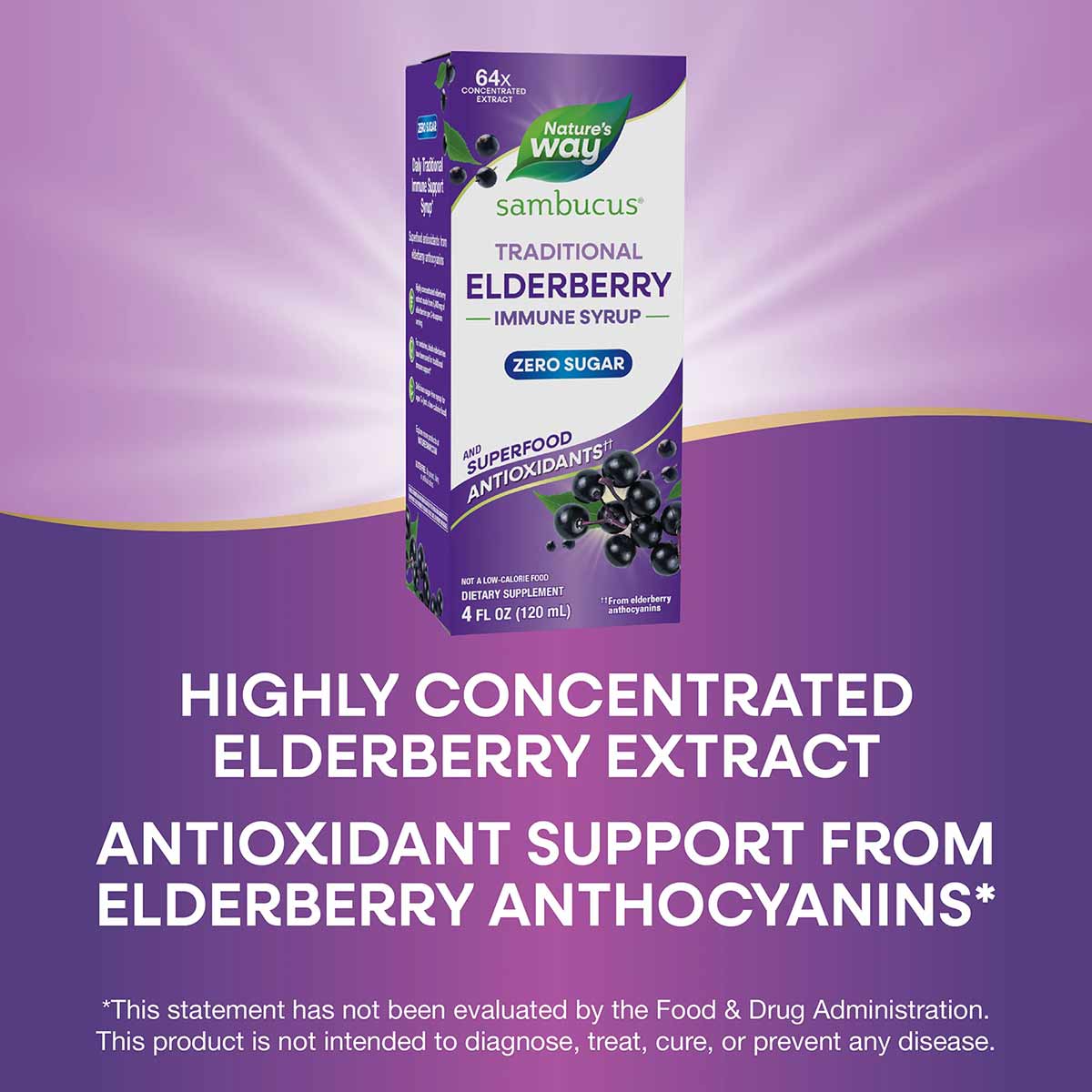Nature's Way Sambucus Traditional Elderberry Immune Syrup, zero sugar, 4 fl oz bottle with purple packaging and elderberries 