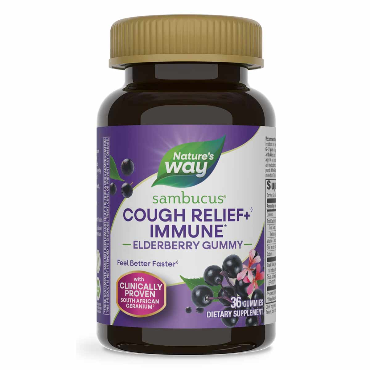 Bottle of Nature's Way Sambucus Cough Relief + Immune elderberry gummies with gold cap and purple label showing elderberries 