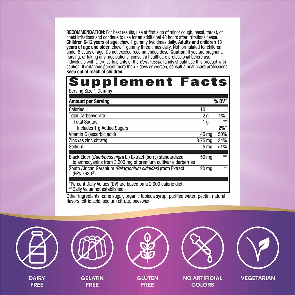 Supplement label for Sambucus Relief Gummies showing dosage, ingredients, and product certifications on purple background.