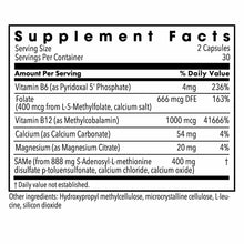 Supplement Facts label showing serving size of 2 capsules, 30 servings per container, with ingredients including SAMe, Vitami