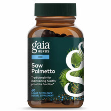 Gaia Herbs Saw Palmetto supplement bottle with green cap containing 60 liquid phyto-caps herbal capsules.