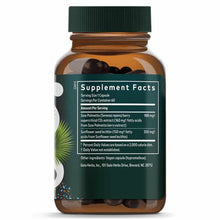 Amber glass bottle with green cap containing dark capsules, label showing Saw Palmetto supplement facts by Gaia Herbs.