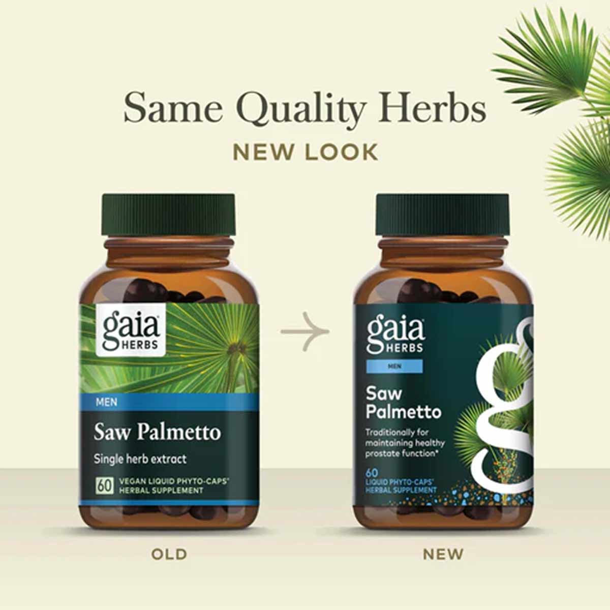 Two brown glass bottles of Gaia Herbs Saw Palmetto supplement with green caps, showing old and new label designs side by side