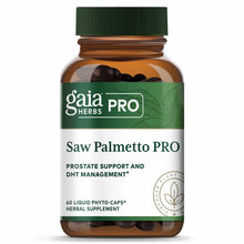 Amber glass bottle of Gaia Herbs Pro Saw Palmetto with green cap containing 60 dark liquid phyto-caps.