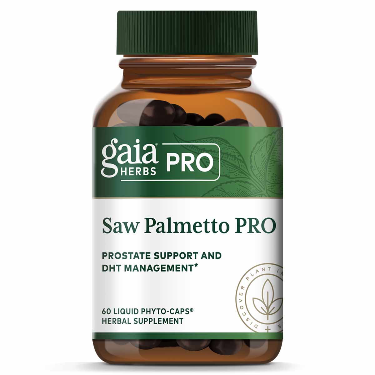 Amber glass bottle of Gaia Herbs Pro Saw Palmetto with green cap containing 60 dark liquid phyto-caps.