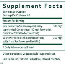 Supplement Facts label for Saw Palmetto capsules showing serving size, ingredients, and dosage information.