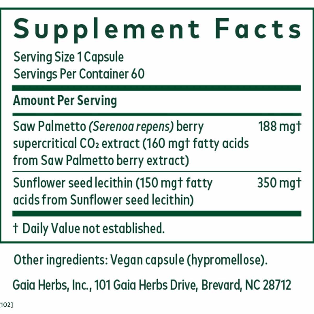 Supplement Facts label for Saw Palmetto capsules showing serving size, ingredients, and dosage information.