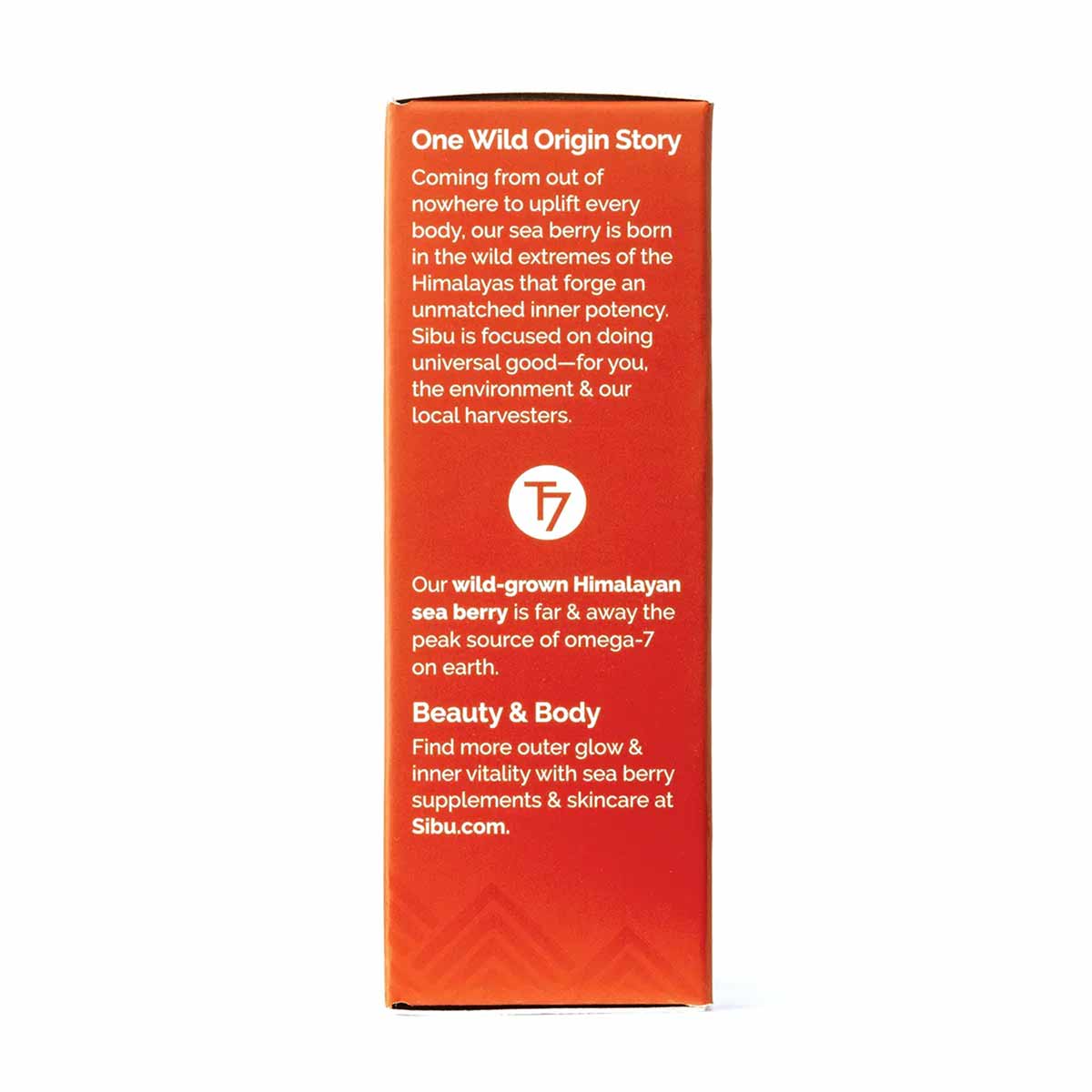 Orange-red rectangular box for Sibu Beauty Sea Berry Seed Oil with white text and brand logo on front panel.