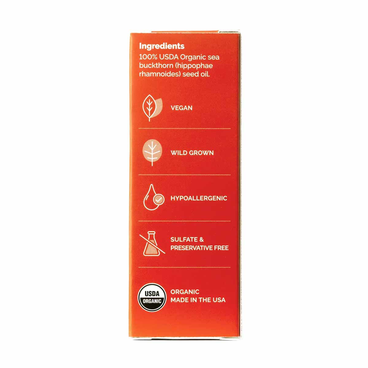 Red box of Sibu Beauty Sea Berry Seed Oil displaying ingredient information and certification icons for vegan, wild grown, hy