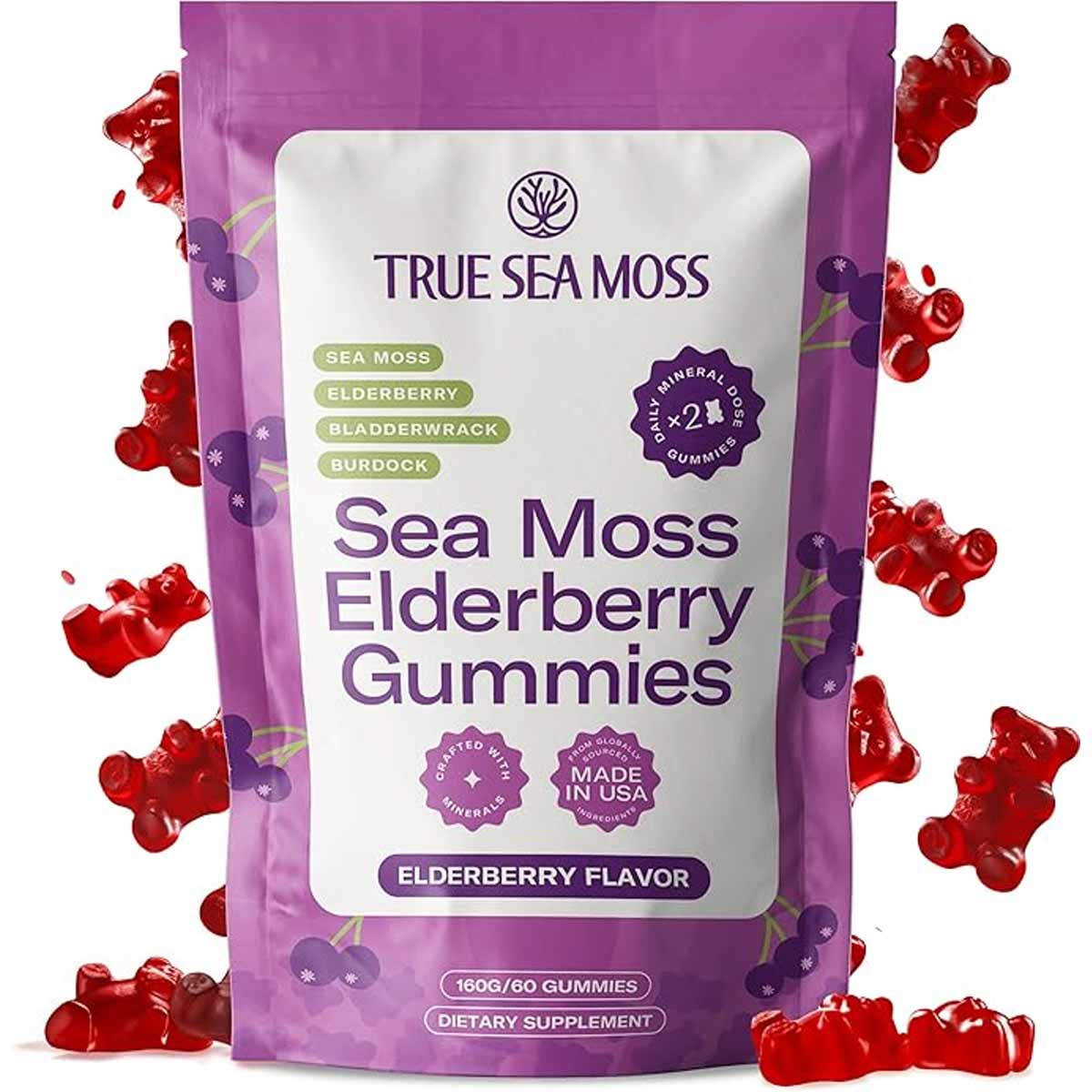 Purple pouch of True Sea Moss brand sea moss elderberry gummies with red gummy bears scattered around it.