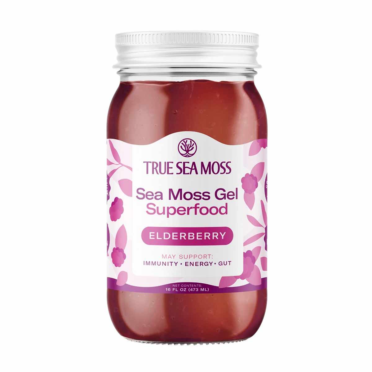 Clear glass jar with white metal lid containing dark red sea moss gel, labeled "True Sea Moss" with elderberry flavor brandin