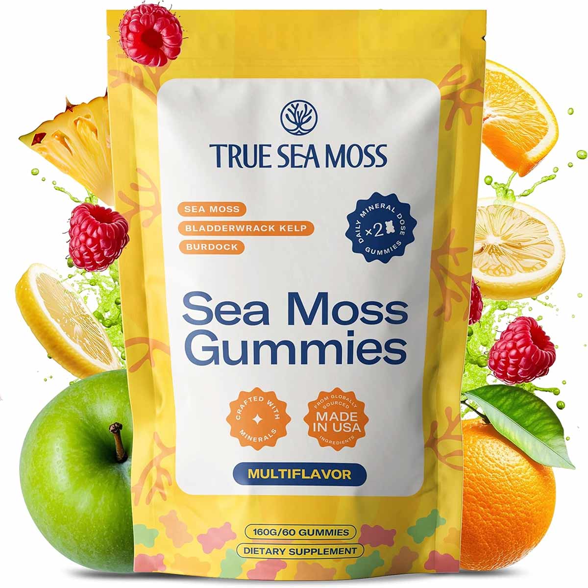 Yellow pouch of True Sea Moss brand sea moss gummies surrounded by raspberries, citrus slices, and green apple.