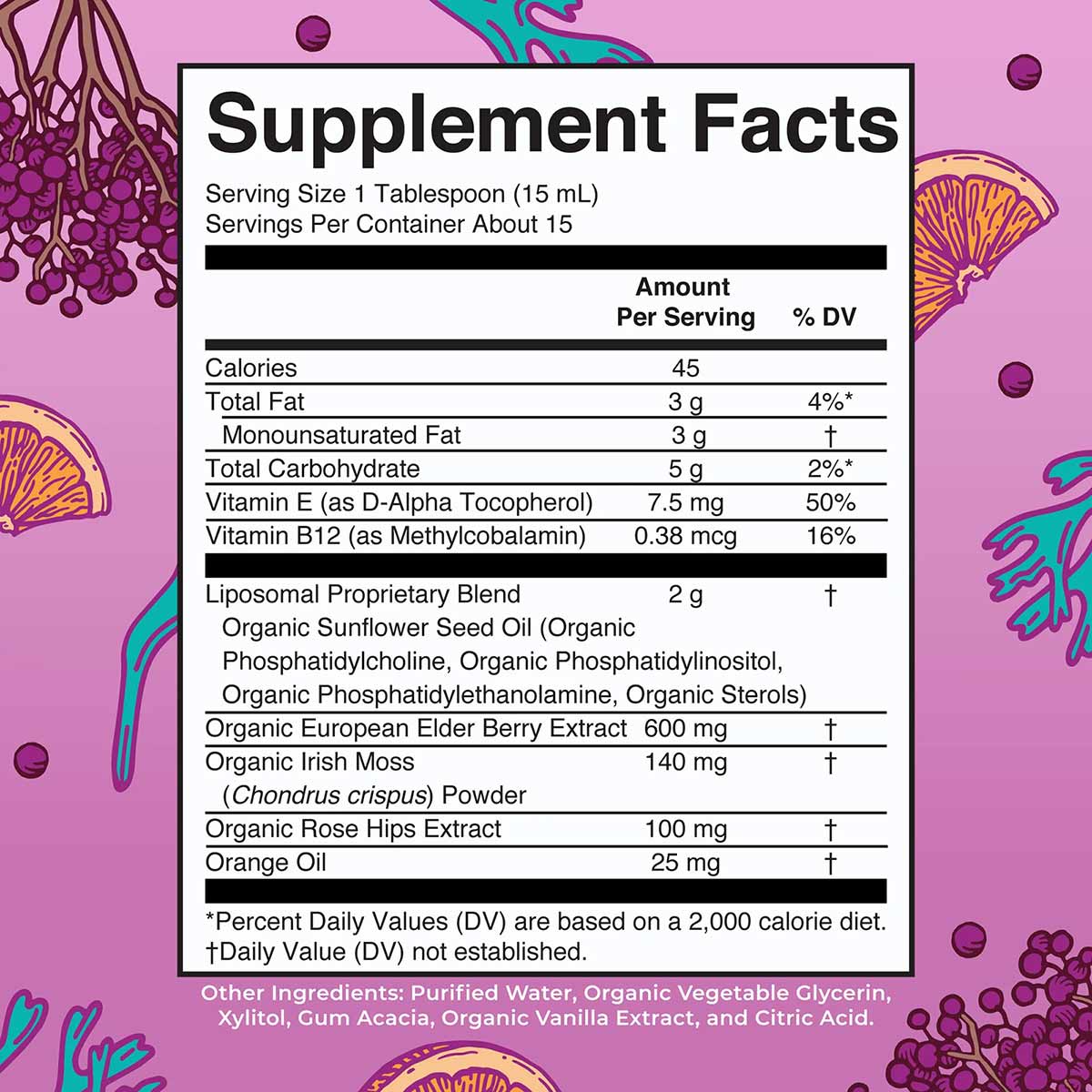 Supplement Facts label for sea moss and immune support formula listing serving size, nutrients, and ingredients on pink backg