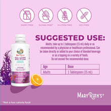 MaryRuth's Sea Moss + Immune & Energy Liposomal liquid supplement bottle with citrus berry flavor, displayed with usage instr