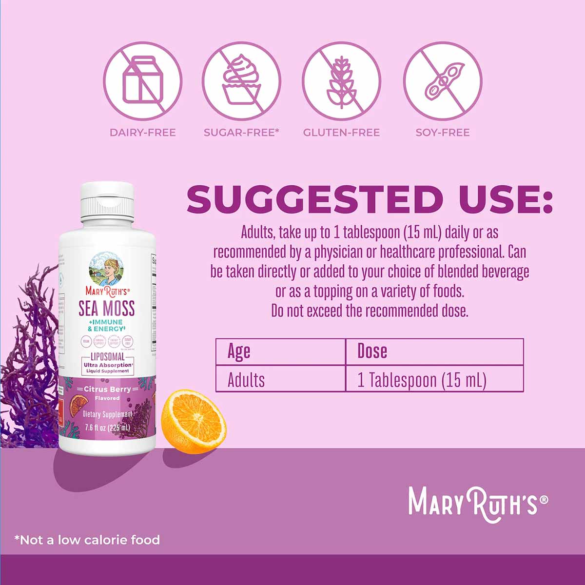 MaryRuth's Sea Moss + Immune & Energy Liposomal liquid supplement bottle with citrus berry flavor, displayed with usage instr