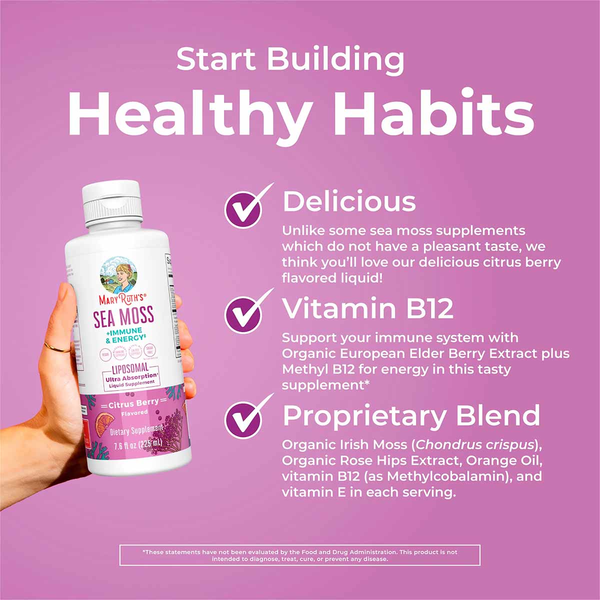White bottle of MaryRuth's Sea Moss liposomal supplement with citrus berry flavor held in hand against pink background.