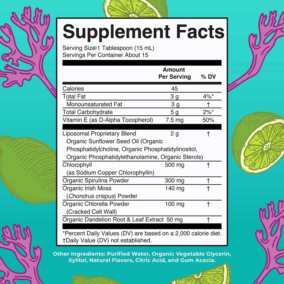 Supplement Facts label for sea moss, spirulina, and chlorella liposomal supplement with lime and coral illustrations on turqu